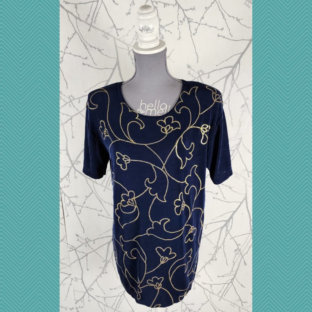Picadilly Fashions Navy & Gold Metallic Floral Printed Blouse